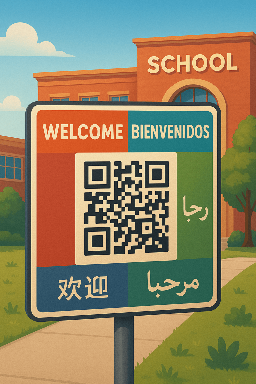 Multilingual school signage with QR codes