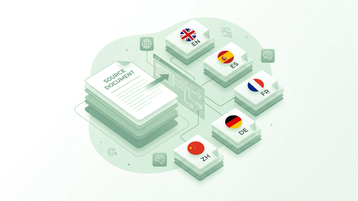Translation service for documents 2026: source PDF translated into EN, ES, FR, DE, ZH