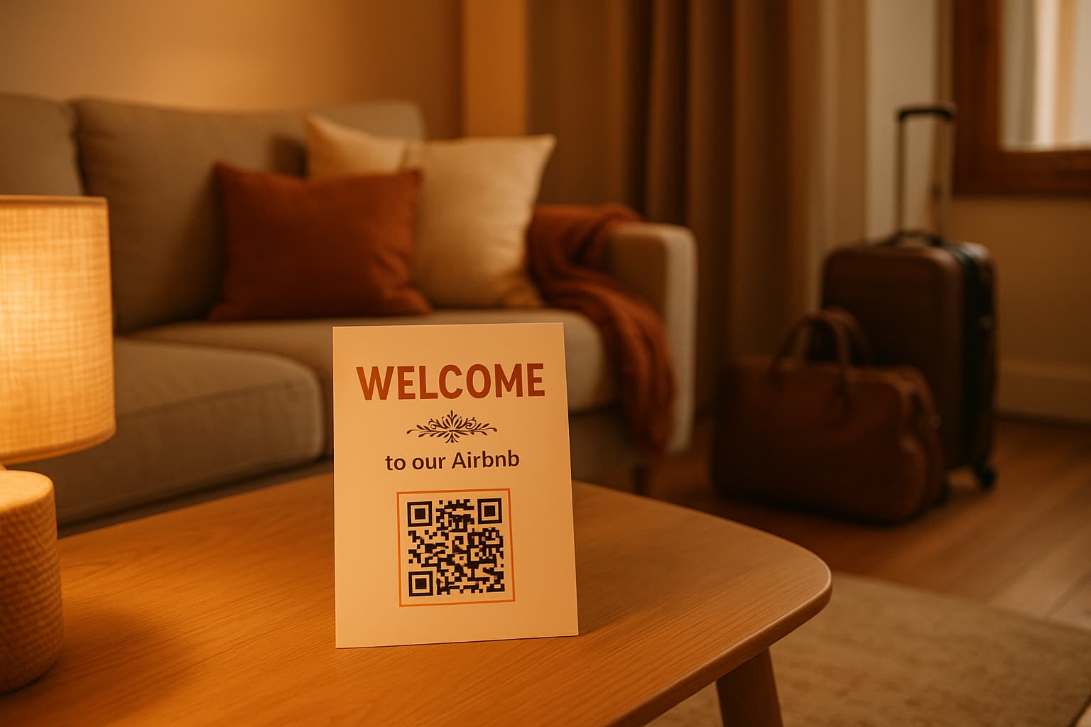 Cozy Airbnb apartment with multilingual welcome guide and QR code on coffee table