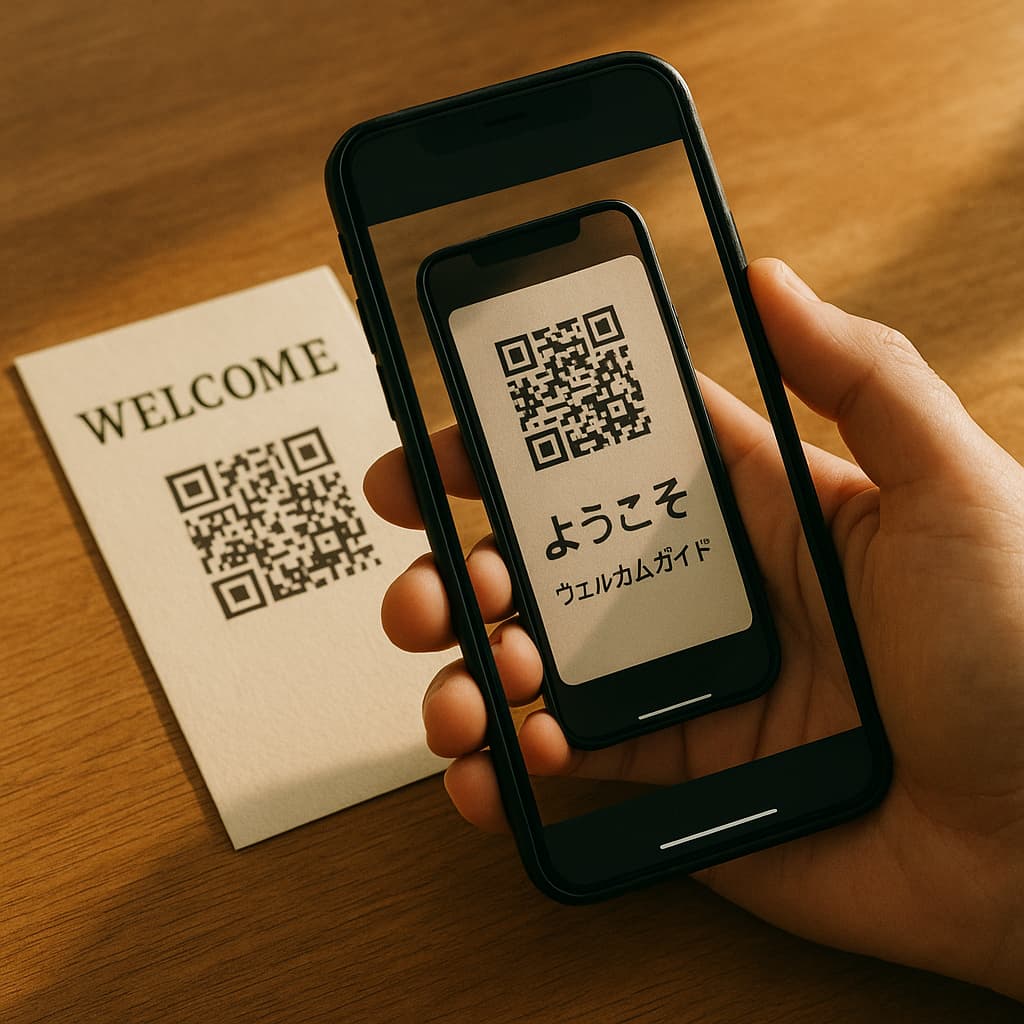 Guest scanning QR code and reading welcome guide in Japanese on their phone