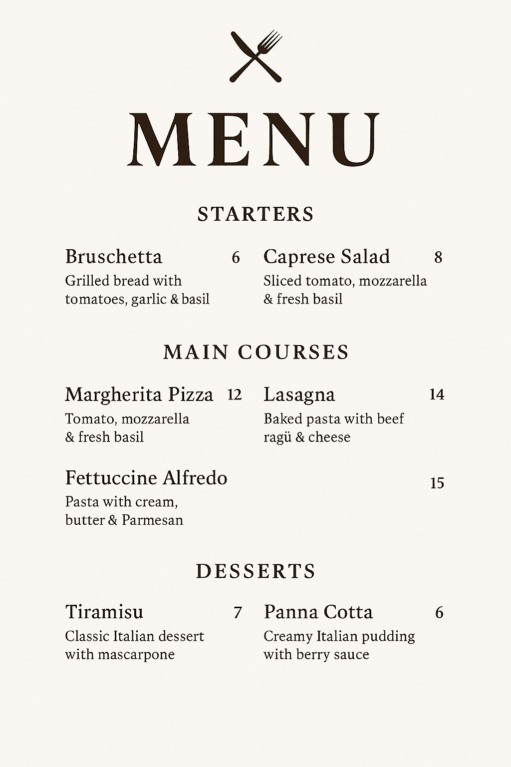 Italian Restaurant Menu with Starters, Main Courses, and Desserts