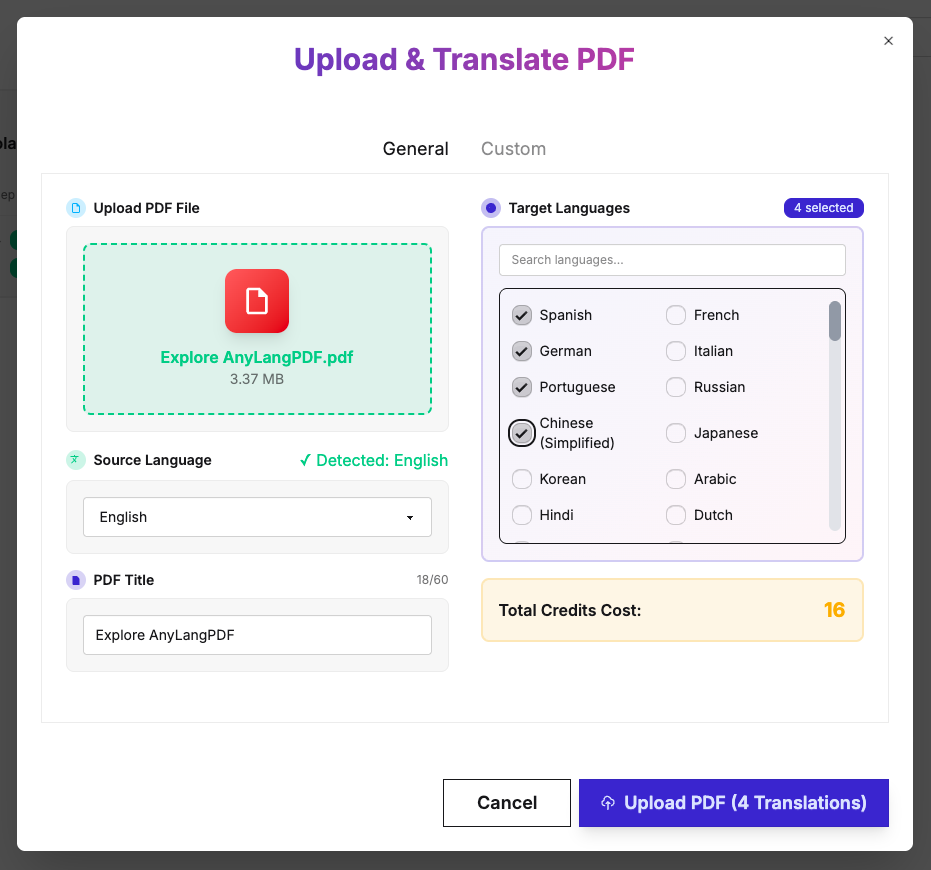 Upload French PDF for professional English translation